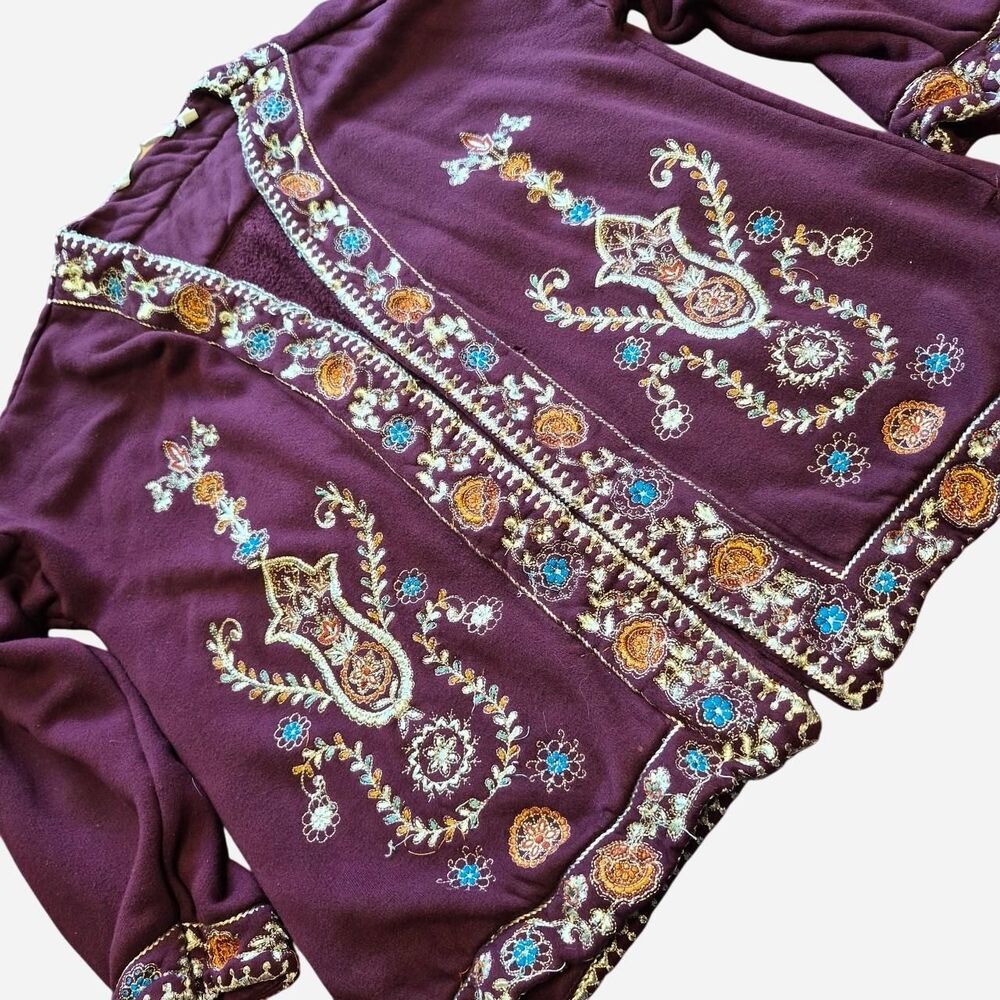Soft-surroundings Women's Embroidered Burgundy Boho Cardigan Jacket Size M